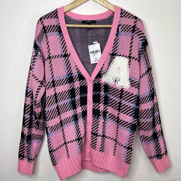 NWT Forever 21 Pink Plaid Academia Letterman Cardigan Sweater - Small - Picture 3 of 8